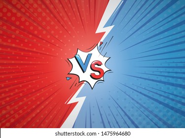 Vs cartoon background. Comic versus duel battle or team challenge concept with radial rays halftone effects lightning. Blue Vs Red vector Illustration design.