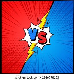 Vs cartoon background. Versus letters comic book frame with halftone. Battle competition mma fighting challenge vector affront concept with lightning