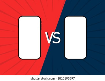 VS of cellphone. Comparison two smartphones. Mockup with screen for blogger and presentation. 11 pro branding mobile in review. Blank template for shopping. Modern devices on battle. Vector.