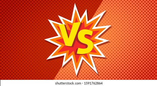 Vs comic battle contest vector or fun humor versus fight team game challenge competition in burst blast flat cartoon design with red orange yellow background image, compare choice banner