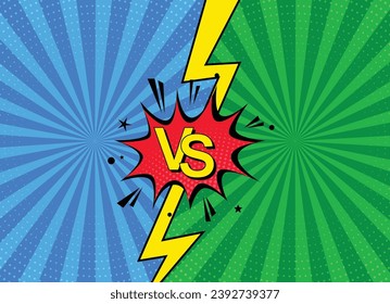 Diseño de historietas VS. VS Comic abstract fondo azul y verde con diseño de cómics de concurso de relámpago con flash amarillo