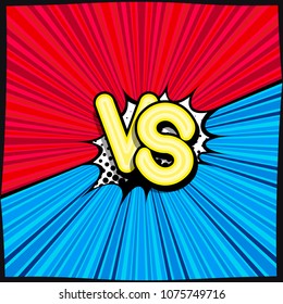 VS - letras de historietas retro con sombras, patrón de medio tono sobre fondo de afiches retro. Nube de explosión con la inscripción: contra. Ilustración vectorial brillante en estilo de arte pop vintage.