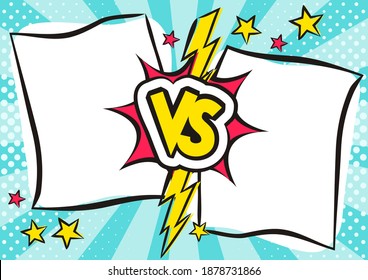 Vs comics book collision frames with cartoon text speech bubbles  and stars. Lightning on halftone stripes background. Comic magazine funny poster. Vector illustration in pop art style