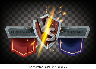 VS Fight Game Badge, Vector Versus Battle Logo, Iron Letters, Wooden Medieval Shield, Team Banner, Sparks. Esport Competition Concept, Energy Clash, Transparent Background. VS Game Event, Contest Sign