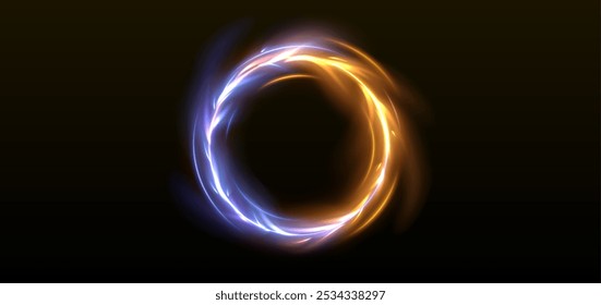 Vs marco de círculo de efecto fuego. Vector de anillo de luz de llama. Diseño de Vector de bengala de ignición circular. Plantilla de Anuncio de batalla de neón. Azul y naranja contra la Plantilla de juego. Ilustración de movimiento de aura de poder de hoguera