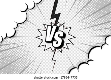 VS frame with clouds. Versus pop art design on transparent background, comic with lightning ray border for intro of superhero fight and duel. Vector illustration.