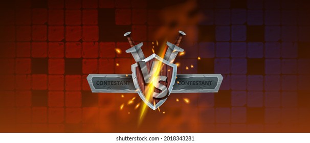 VS Game Background, Vector ESport Versus Battle Banner, Medieval Wooden Shield, Stone Frame, Sword. Fight Competition Concept, Red Tiles, Fire Sparks, Energy Clash, Smoke. Iron Letters VS Game Logo