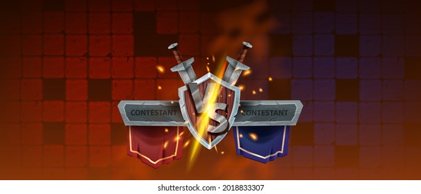 VS game background, vector versus battle duel illustration, eSport fight banner, wooden shield, red tiles. Competition concept, fire sparkles, energy clash, team standard, sword. VS event background