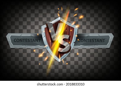 VS Game Battle Vector Concept, Versus Fight ESport Duel Banner, Energy Clash, Medieval Shield, Sparkles. Iron Letters, Stone Team Frame On Transparent Background, Contest Symbol. Versus Fight Badge