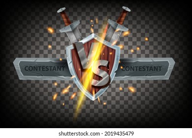 VS game fight banner, vector battle icon, medieval wooden shield, sword, metal letters, fire sparks. ESport duel competition logo, stone contestant team name frame. VS championship emblem energy clash