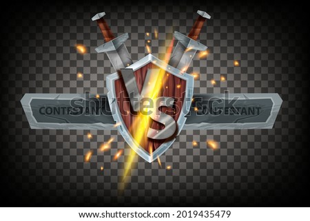 VS game fight banner, vector battle icon, medieval wooden shield, sword, metal letters, fire sparks. ESport duel competition logo, stone contestant team name frame. VS championship emblem energy clash
