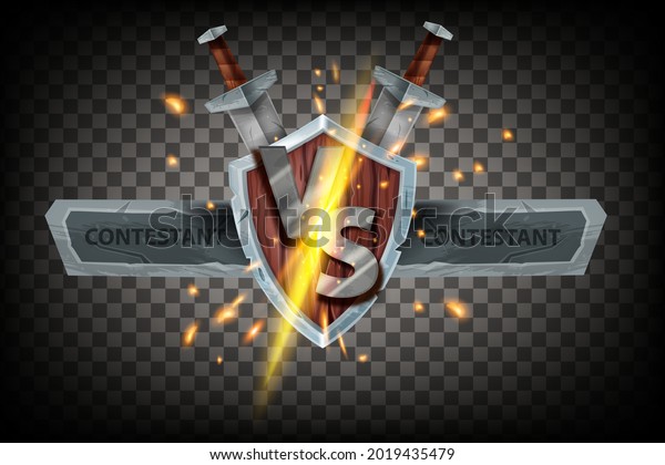 VS game fight banner, vector battle icon, medieval\
wooden shield, sword, metal letters, fire sparks. ESport duel\
competition logo, stone contestant team name frame. VS championship\
emblem energy clash
