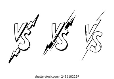 Logo del icono Vs o logo del doodle de lucha contra la batalla. Desafío comparar dibujo de dibujos animados emblema negro.