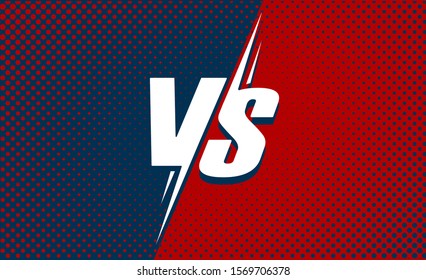 Vs icon or versus text game poster for battle or fight match contest vector flat cartoon, team competition compare design with halftone red and dark blue background backdrop frame template