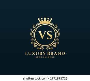 VS Initial Letter, Gold text with feminine floral hand drawn heraldic monogram, Antique vintage style luxury logo design.