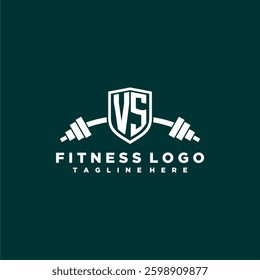VS initial monogram for fitnes or gym logo with creative shield and barbell design