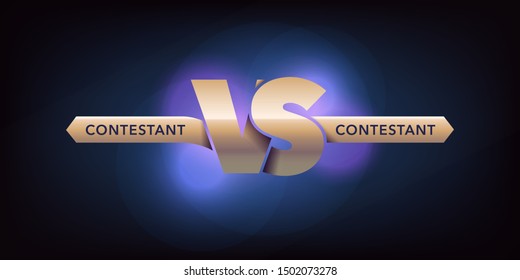 Vs letters vector icon, logo. Teams competition design with sign versus on blue background. Banner or backdrop with names 