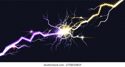 VS lightning background with electric bolt and thunder effect for epic battle scenes. Versus collision design with purple and yellow neon flash, spark energy for game competition graphics.