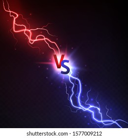 Vs lightning. Thunderstorms and shining lightnings powerful collision with vs symbol. Sport logo match and game, versus vector electric bright light concept in darkness