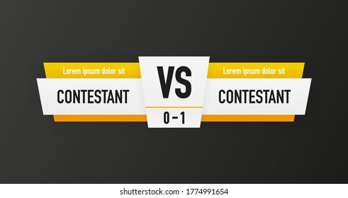 VS Logo. Versus Board of rivals, with space for text. White and yellow banner. Football, basketball, volleyball and other. Gray gradient background. Vector illustration.