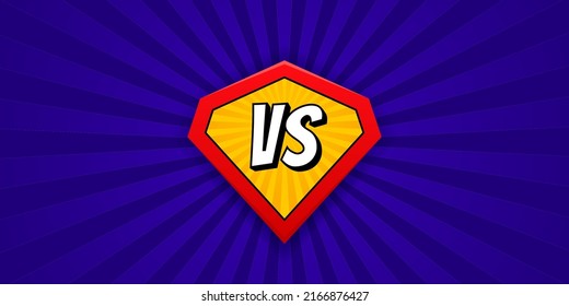 Vs on superhero shield isolated on blue backdrop in retro comic style. Versus screen. Vs battle. Confrontation fight competition. Cartoon retro backdrop with rays. Vector illustration.