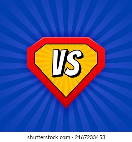 Vs on superhero shield isolated on blue backdrop in retro comic style. Versus screen. Vs battle. Confrontation fight competition. Cartoon retro backdrop with rays. Vector illustration.