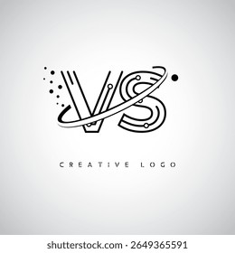 Logotipo do monograma da órbita VS - marca de letra mínima futurista com linha de arte circular, pontos inspirados na tecnologia e conceito de movimento espacial para identidade de marca moderna