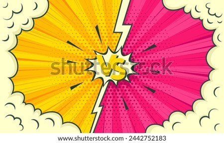 VS pop art background. Funny pink and yellow print. Versus comic banner with halftone and smoke clouds. Superhero dots pattern. Cartoon vintage backdrop. Geometric duotone texture. Vector illustration