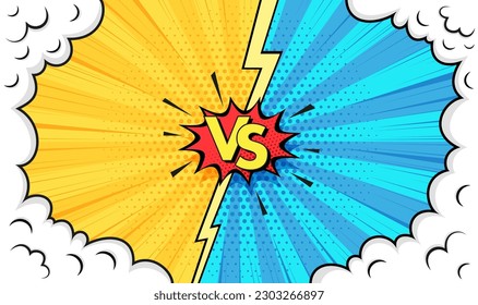 Fondo de arte pop VS. Patrón de puntos de superhéroe. Banner de historieta en contra con medio tono y nubes de humo. Graciosa impresión amarilla azul. Fondo vintage de caricaturas. Textura geométrica de duotona. Ilustración del vector