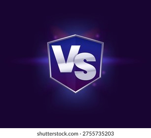 VS showdown lightning for fight battle with versus sign of sport game confrontation, vector banner. VS shield badge on neon purple red and blue background with light flares for VS team battle contest