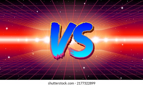 VS sign in 80s game style with synthwave landscape and brush painted letters. Versus symbol for battle or competition poster