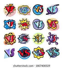 VS speech bubble. Versus letter comic competition speech bubbles. VS abbreviation fight icon. Vector bright dynamic cartoon illustration in retro pop art style isolated on white background
