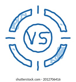 Vs Guión del icono de esbozo de destino. Dibujo manual de la línea de doodle azul Vs Target. ilustración de símbolo aislado