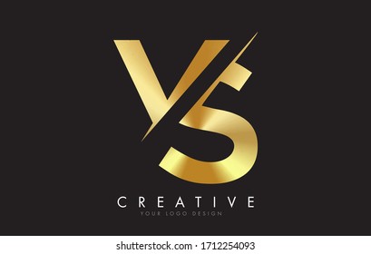 VS V S Golden Letter Logo Design with a Creative Cut. Creative logo design with Black Background.