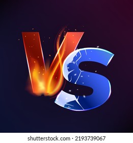 VS versus background, battle fight or game challenge and boxing sport vector sign. Sport match or competition team VS gamer league, versus of fire and ice for championship or MMA battle fight