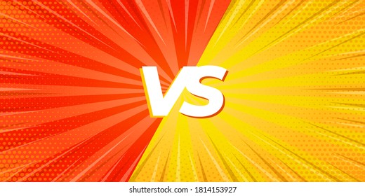 VS versus fondo, confrontación, fondo de arte pop brillante rojo y amarillo, plantilla de brillo de explosión ligera, plantilla de diseño en blanco con puntos de semitono aislados - vector de stock