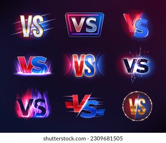 VS or versus badge, icon with flame and sparks. Fighting sport battle, challenge or competition text symbol, conflict or contest symbol, MMA fight announce vector sign with fire, lightning strike