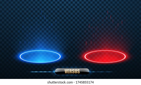 VS Versus Blue and red Futuristic design. Round blue,red glow rays night scene with sparks on transparent background. Empty light effect podium. Vector illustration
