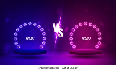 The VS versus concept for football teams with a neon frame with soccer balls on a 3d podium in blue and red on a dark purple background.