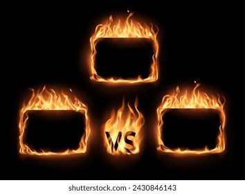 VS contra los marcos de fuego para la competencia de batalla de lucha y el deporte MMA, bordes de llama vectorial. Juego de boxeo o combate deportivo desafío VS contra banner marcos de fuego ardiente para la batalla de lucha o combate rival