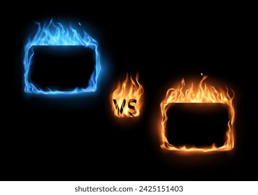 VS contra el fuego y los marcos de gas para la lucha de la competencia de batalla, vector de fondo. Juego de boxeo o combate deportivo MMA desafío VS contra banner frames para la batalla de lucha, llamas de fuego ardientes azules y amarillos