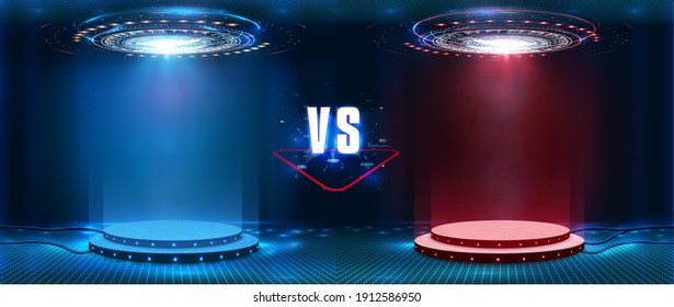 VS, Versus futuristic design. Battle headline template. Futuristic abstract technology background. Circle teleport with sparks on transparent background. Sci-fi concept design. Modern tournament.