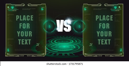 VS Versus Green futuristic design. Battle headline template. Abstract futuristic digital technological background. Vector