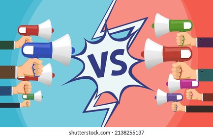 VS. Versus y concepto de propaganda. La gente tiene megáfonos en sus manos. ilustración vectorial