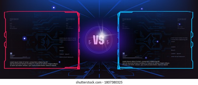 VS, contra. Batallas de pantalla. Matrícula de tarjetas de combate en diseño futurista con elementos HUD. Interfaz de usuario para videojuegos. Fondo del concepto. Pantalla de confrontación