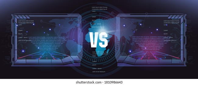 VS, Versus. Screen battles. Fight card template in futuristic design with HUD elements. User interface for video games. Concept background. Confrontation screen. Vector