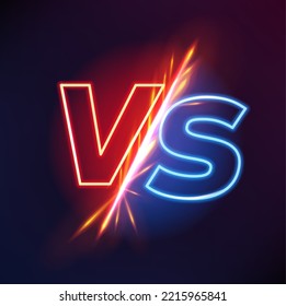 VS o contra signo. Competencia deportiva, campeonato o concurso, lucha o conflicto de artes marciales mixtas, confrontación choque con fondo vectorial con brillantes letras de neón azul y naranja frente a