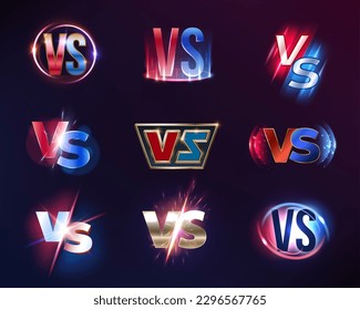 Vs or versus vector sign, game or sport confrontation symbols set with blue and red neon glow. Sports game, fight or battle competition challenge, martial arts combat or challengs emblems or labels