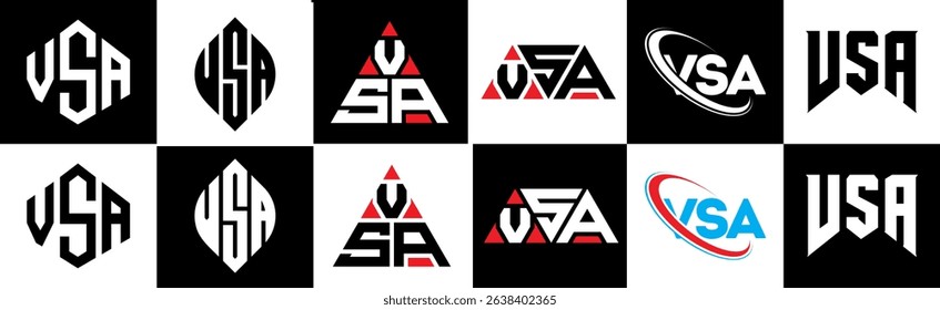 VSA letter logo design in six style. VSA polygon, circle, triangle, hexagon, flat and simple style with black and white color variation letter logo set in one artboard. VSA minimalist and classic logo