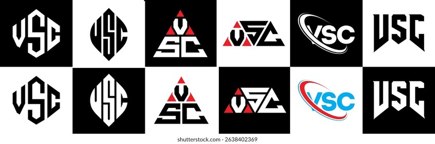 VSC letter logo design in six style. VSC polygon, circle, triangle, hexagon, flat and simple style with black and white color variation letter logo set in one artboard. VSC minimalist and classic logo
